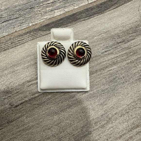 David Yurman Jewelry - DAVID YURMAN Sterling & 14K Cable Cookie Post Small Red Stone Garnet Earrings